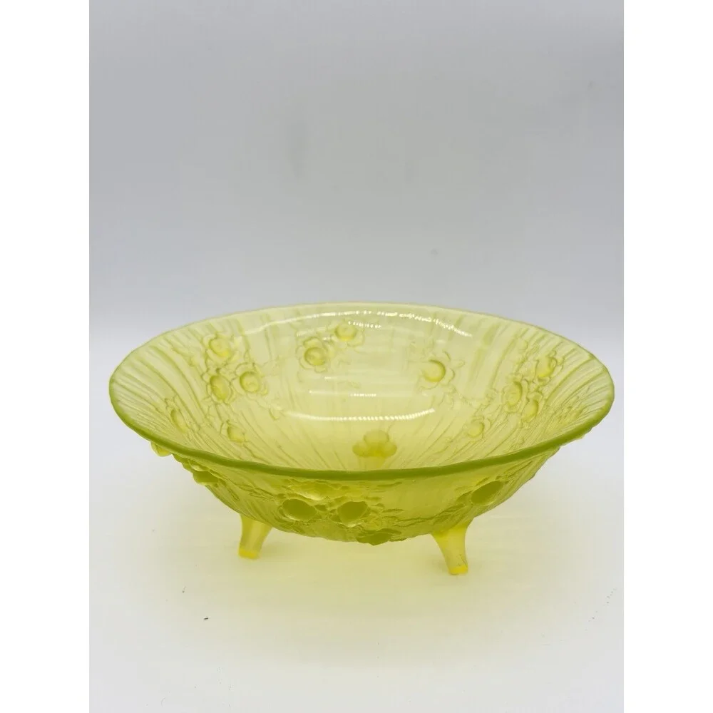 Tiffin Art Glass Vaseline Uranium Satin Roses Bowl 1920 MCM Round Green See Pics
